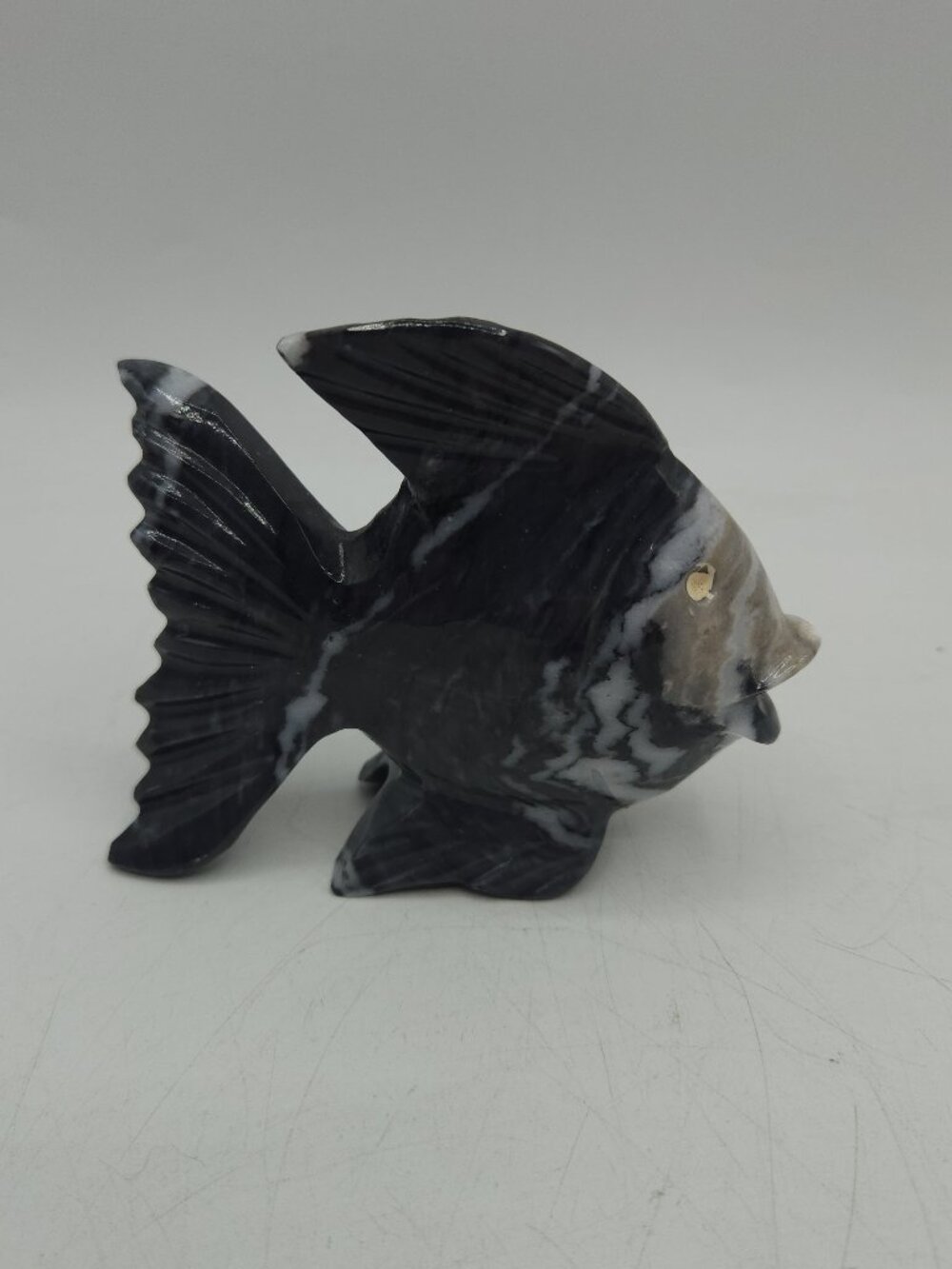 Hand Carved Gray Marble Onyx Fish Paperweight/Statue. Approx, 3" H & 3.5" W
